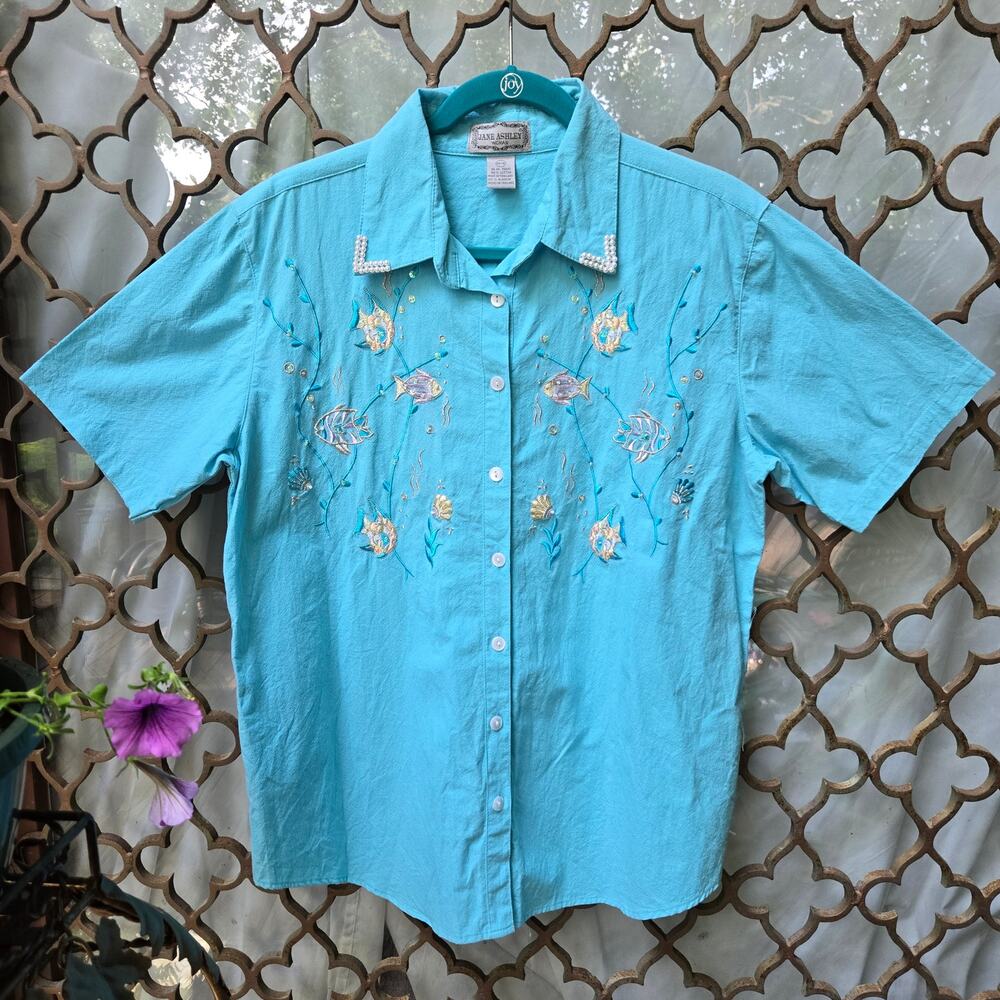 Jane Ashley Womens Vtg 90s Eclectic Grandma Fish Embroidered Beaded Shirt 14/16